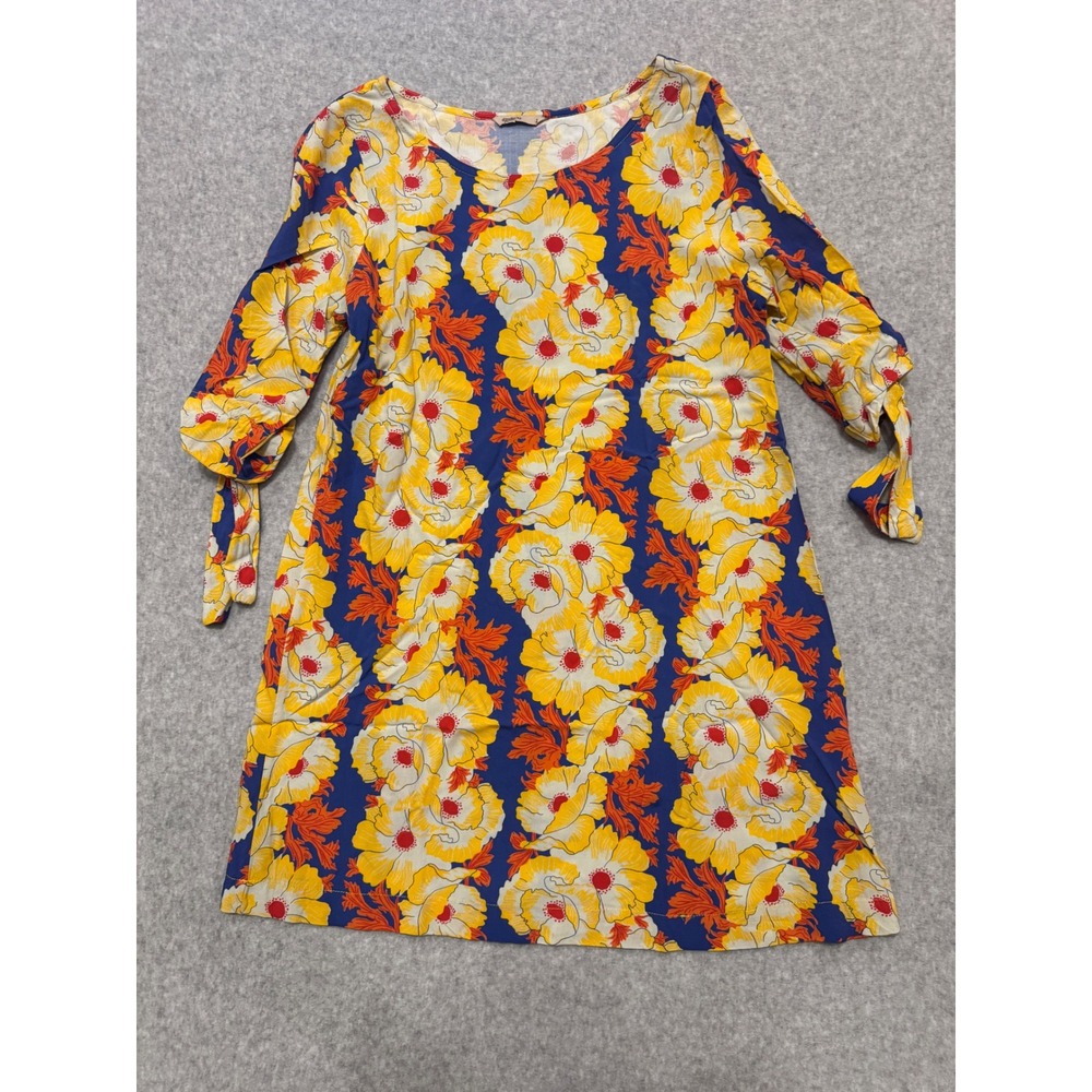 Y2K Hawaiian Totem Womens Floral Shift Dress Blue Yellow Poppy Tie Sleeve